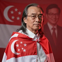 a portrait of lee kuan yew, in a cloak with a singapore flag, with long hairs, art by James Jean and Wayne Barlowe, high detail, red and white lighting, cinematic, cgsociety 8k