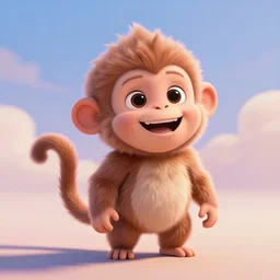 3D Pixar movie animation render of the cutest little fluffy monkey capuchin with a tail with a big lovely grin smile sweet adorable cherub, octane render, pastel colors, soft clouds and soft gradient background