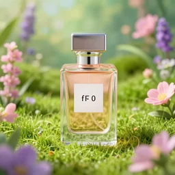 perfume in a magical flower garden green grass and pink / purple flowers, highly detailed, realistic, up close shot, unreal engine, wonderland, f 2 0