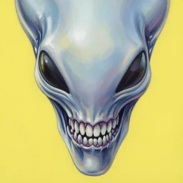 a close up of a xenomorph face on a yellow background, an airbrush painting by osamu tezuka, behance, mingei, logo, concert poster, poster art
