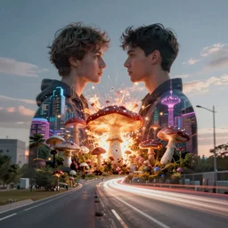 double exposure of dally life, symbols of live, explosion, cyber mushroom city, love is the most relevant theme, love is infinity, love is begin of all, 8 k resolution, artistic mode, artistic, trending on instagram, long exposure, love art, serious, fantasy and dreams vibes, mushrooms style and macro style