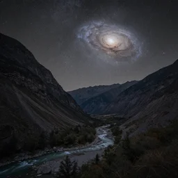 a beautiful double exposure of an award winning night time landscape photo of a valley with a river and towering mountains, and an astronomy photo of the day showing a deep field stacked focus photo of a galaxy, muted colours, cool tones, neutral colours