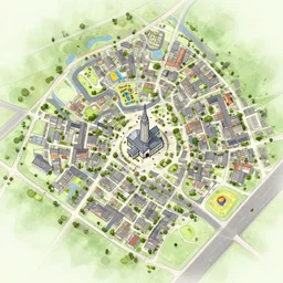a town map with town hall and playground, artstation, concept art