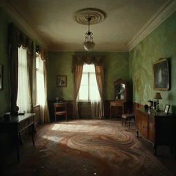 distorted perspective extremely detailed movie still of a distorted old room by denis villenueve, trippy, wavy, psychedelic