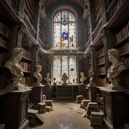 old library covered by dust and cobwebs, busts, light through stained glasses, books on the dusty floor, hyperdetailed, artstation, cgsociety, 8 k
