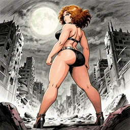 thicc scarlett johansson afro samurai anime style, full body profile, dynamic wide angle lens, manga style, greg rutkowski, pencil and ink, full moon lighting, fully clothed, hot pants, in a post apocalyptic city