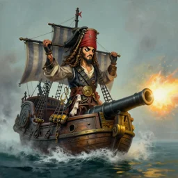 a famous pirate ship with cannon firing, smoke, fog, matte painting by greg rutkowski, realistic painting, very detailed, trending on artstation, well illuminated