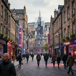 Edinburgh Highstreet, futuristic cyberpunk scenario, concept art by Noah Bradley, Darek Zabrocki, Tyler edlin, Jordan Grimmer, Neil Blevins, James Paick, Natasha Tan, highly detailed, ultra detailed, ultra realistic, trending on artstation, cgstudio