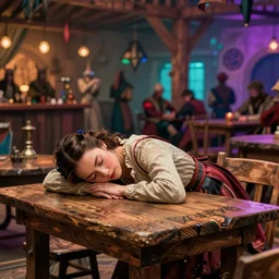 kate beckinsale sleep on the table, medieval tavern dnd, colorfull digital fantasy art, 4k