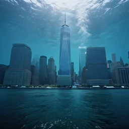 A realistic photograph of New York City underwater as a result of climate change, 2052