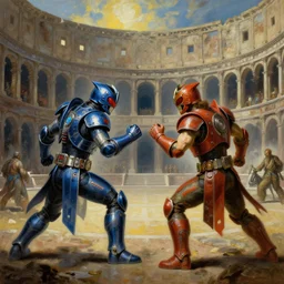 two cybertronic gladiators facing each other in a cyberpunk colosseum, stunning painting by delacroix and ivan aivazovsky