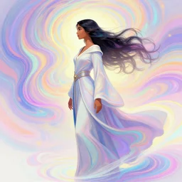 side profile, maya ali, wind sorcerer, gloomhaven, dota robes, elegant, concept art, smooth, psychedelic, colorful swirly magic ripples, pastel colors, by greg rutkowski, jesper ejsing, ilya kuvshinov, artgerm, mucha