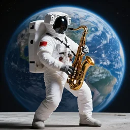 astronaut doing jazz saxophone improvisation with the earth in the background, 4k photography
