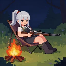 silver hair girl with ponytail, resting on campfire with her rifle, at night, pixelart