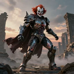 portrait of a diabolical cyborg clown warrior, torn cape, adaptive armor, dynamic pose, heavy eyes to the side, ancient ruins, glowing veins subsurface scattering, in clouds, sunset, portrait, by gerald brom, by mikhail vrubel, by peter elson, muted colors, extreme detail, reflections, trending on artstation, 8 k