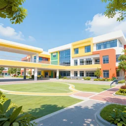 wide angle shot of a modern school, hyper detailed, trending on artstation, colorful,