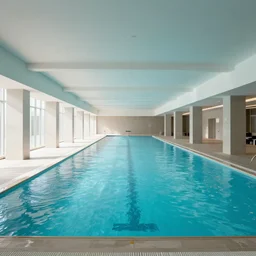 indoor pool architecture, wide open space, long corridors, light and shadows, sterile, photography, tech submerged in water