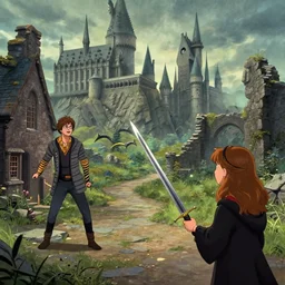 in the harry potter universe far away at some ruins from a castle. someone is there and magically makes me appear back at home. i live with a sister. someone across the street is also a wizard. she comes over but i cant hit her with my sword at least not with the blades, the hilts work. some stuff happens. i end up at her place and my sister too and we talk.