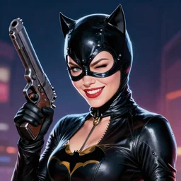 A beautiful portrait of a Daria Strokous as Catwoman from Batman with wink and smile holding a gun, digital art by Eugene de Blaas and Ross Tran, vibrant color scheme, highly detailed, in the style of cinematic, artstation, Greg rutkowski