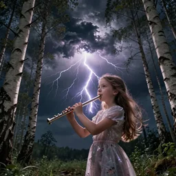 young girl playing flute, birch forest clearing, storm at night, lightning dragons attack, low angle facing sky, cinematic, dramatic lighting, big storm clouds, high contrast, artstation, fine art, greg rutowski