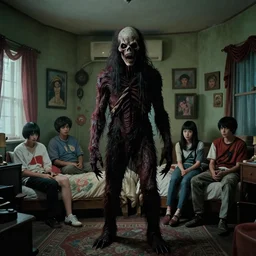 hyperrealistic cinestill of creepy monster entity creature standing in bedroom, 1 9 9 0 interior bedroom decoration, designed by guillermo del toro, michael hutter, kentaro miura, junji ito, gantz, hideo kojima, colorized. scp historical archives. david lynchian atmosphere. deep aesthetics of weirdcore