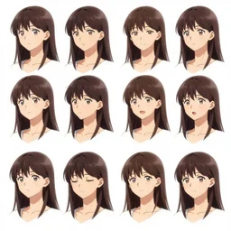 concept art sheet of picture of an anime woman with different facial expressions, concept art by makoto aida, cgsociety, official art, concept art, anime