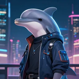 beautiful portrait commission of a male furry anthro dolphin-headed fursona with a fin wearing cyberpunk clothes. Cyberpunk city at night