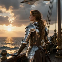 portrait of a ship on the sea with a medieval woman ship pilot from behind, glorious dramatic golden sunset with storm clouds, wearing shiny breastplate, octane render, dynamic lighting, hyperrealistic, artstation