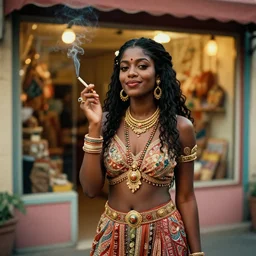 standing portrait of ecstatic kali uchis looking into the camera standing smoking a cigarette, summer, warm street lights store front, 1 9 6 0 s technicolor, intricate, moody, personal, highly detailed, short focus depth, donato giancola, joseph christian leyendecker, frank frazetta, alex horley, ralph horsley, michael whelan, 2 0 0 mm focal length