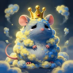 full shot of an anthropomorphic crying!!!! king of rats!!, covered in yellow and blue clouds, evil, scary, demonic, cloudcore, by kim keever