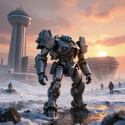 hyper realistic render of heavy hard surface mecha starship staying in front of soviet era 1 9 6 0 s brutalism space research complex facility located in the snow hills, puddles of water, by greg rutkowski and vitaly bulgarov, ivan shishkin, sunset, foggy, stunning skies, cyberpunk glow, volumetric lighting, sharp focus, hyper detailed, digital art, trending in artstation, unreal engine 5 rendered, cryengine