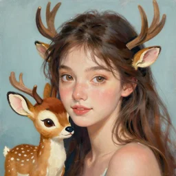 a vivid painting of a woman that looks like the cartoon deer bambi in the style of noriyoshi ohrai, trending on artstation, highly detailed, digital art