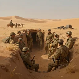 beautiful digital painting of a group of barley surviving soldiers in a trench waiting for the war to end, in the sahara desert. cinematic lighting, atmospheric, concept art by artgerm and greg rutkowski,,
