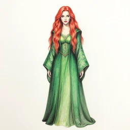 full body detailed colored pencil drawing of a beautiful red haired sorceress with a beautiful face, wearing a green magician's robe