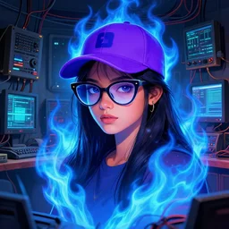 character art by ruan jia, 2 0 year round faced hyderabadi woman wearing cateye glasses and purple baseball hat, on blue fire, blue fire powers, room filled with wiring and electronics with monitors