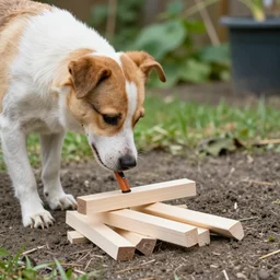 a dog drilling wood pieces together in the garden.