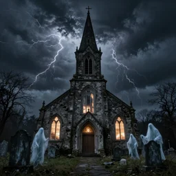 a decaying haunted church, night, thunderstorm, lights in windows, tombstones, ghosts and spirits