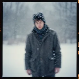 kodak portra 4 0 0, wetplate, dynamic, motion blur, award - winning portrait by britt marling of a man sleepwalking during a blizzard, snowflakes,