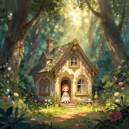 a house sitting in a forest, wallpaper, ornate, beautiful, atmosphere, vibe, flowers, concept art illustration, color page, 4 k, tone mapping, doll, akihiko yoshida, james jean, andrei riabovitchev, marc simonetti, yoshitaka amano, digital illustration, greg rutowski, volumetric lighting, sunbeams, particles