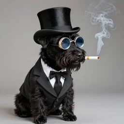 Photograph of a black hunting terrier in a suit with a top hat and a monocle smoking a cigare