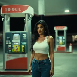 a pov, color cinema film still of kylie jenner at a gas station, ambient lighting at night, from better call saul ( 1 9 9 9 ).