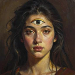 portrait of a goddess, third eye on her forehead, atmospheric lighting, painted, intricate, volumetric lighting, beautiful, rich deep colours masterpiece, golden hour, sharp focus, ultra detailed, by Leesha Hannigan, Ross Tran, Thierry Doizon, Kai Carpenter, Ignacio Fernández Ríos