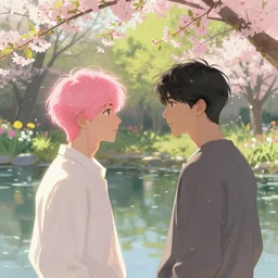harmony of pink haired young asian man backlit staring at black haired young asian man from across a pond, love at first sight, by alan lee, muted colors, springtime, colorful flowers & foliage in full bloom, sunlight filtering through trees & skin, digital art, art station cfg _ scale 9