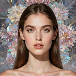 portrait latina supermodel with floral background : : holographic fractals : : by karol bak, artgerm, moebius, elena masci, tom bagshaw : : portrait, illustration, photorealism, hyperrealism, surrealism, negative space