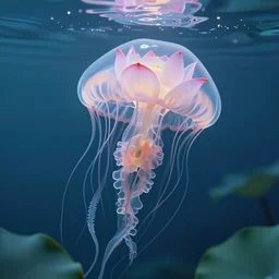 lotus swimming underwater like a jellyfish, transperent jellyfish head covers with the lotus flower, lotus as tentacles, photographic, cinematic, photorealistic, volumetric lighting, detailed, smooth, artstation, octane render, wolp
