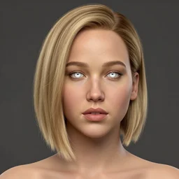 Jennifer Lawrence, straight hairstyle, white eyes, blonde hair, realistic render, short hair, unreal engine render, Icaro Carvalho