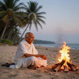 gandhi at the beach sitting on the sand next to a campfire with palm trees in the back, detailed, elegant high quality, dynamic lighting