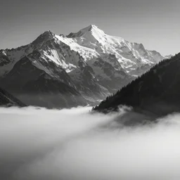award winning landscape photography of mont blanc by ansel adams, nikon, wide angle, high contrast, fog at bottom, black and white, layers, dramatic, beautiful light, fine detail