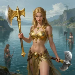 lake godness holding gold axe and sliver axe, highly detailed, d & d, water everwhere fantasy, highly detailed, digital painting, trending on artstation, concept art, sharp focus, global illumination, ray tracing, illustration, art by artgerm and greg rutkowski and fuji choko and viktoria gavrilenko and hoang lap