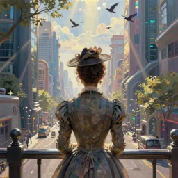 portrait of a victorian lady in a futuristic city, from behind, streets, birds in the sky, sunlight and rays of light shining through trees, tall buildings on the sides, beautiful, solarpunk!!!, highly detailed, digital painting by Claude Monet, Michael Garmash, Donato Giancola
